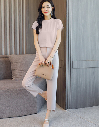 套装女夏 两件套 时尚40岁30修身蝙蝠短袖雪纺衫配九分裤子潮 藕色 xl