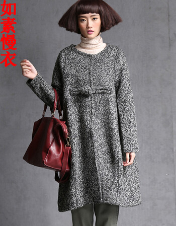 如素慢衣文艺盘扣呢大衣女中长款毛呢大衣女外套2246 灰色 均码