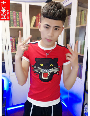 夏季网红修身短袖t恤男2018快手红人体恤韩版潮流社会精神小伙短袖t恤