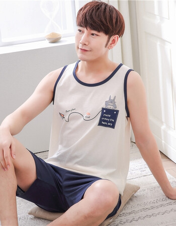 睡衣男夏季背心纯棉质裤衩青少年初中学生青年夏天男士薄款家居服 q