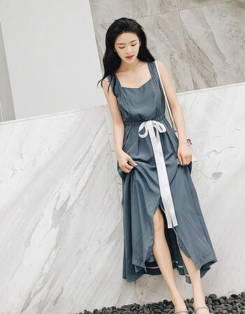 洛芊裙子夏女2018新款过膝长款背带裙宽松显瘦铜氨丝连衣裙pphome裙子