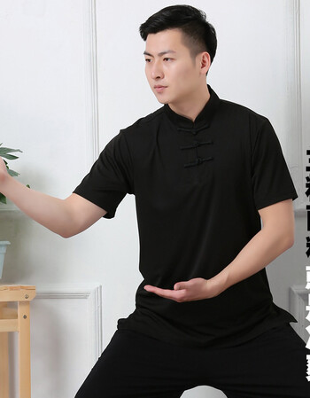男士夏季短袖太极服太极拳中老年晨练服中国风武术练功服上衣t恤 黑色