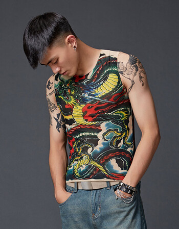 男装 马甲/背心 卡帝乐鳄鱼(cartelo) 纹身衣服男夏社会紧身印花背心