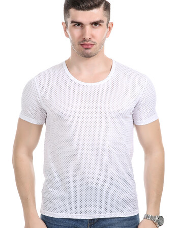 冰丝网眼短袖圆领t恤男士夏季运动健身透气镂空大码半袖紧身汗衫 白色