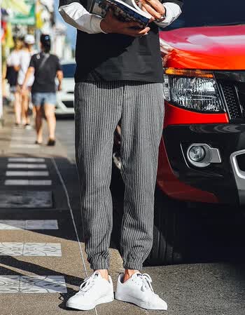 竖条纹哈伦版型休闲裤男简洁百搭潮裤子男日系小清新时尚条纹裤男装韩