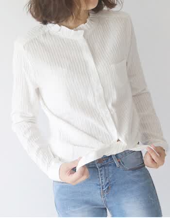 代勒2016春装新款长袖立领女士休闲花边领纯白色衬衫 花朵领 m