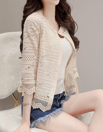 夏季蕾丝开衫薄款短外套夏装衣空调衫女士蕾丝外搭小披肩ssn5827 杏色