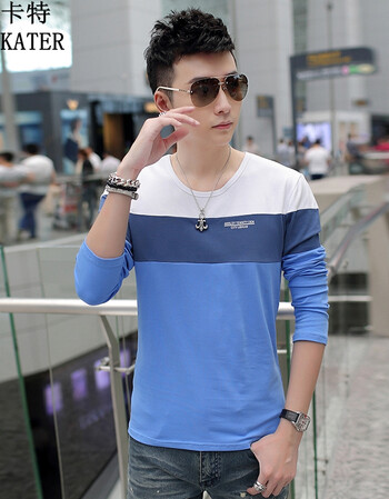 skater)2015秋装新款男士圆领拼接纯色长袖t恤潮流百搭体恤衫男 蓝色