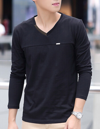 2018春夏长袖t恤男士色v领秋衣打底衫男装体桖衣服 铁牌黑色 xl