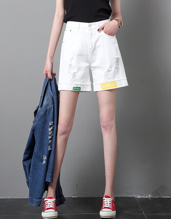 白色牛仔短裤女五分裤高腰直筒2018夏季韩版宽松休闲破洞热裤 白色 26