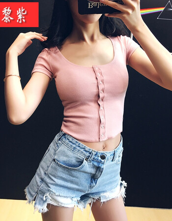 奢黎紫 欧美ins网红同款短袖纽扣打底衫短款露脐紧身显胸针织t恤女夏