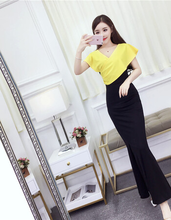 夏季修身双色拼接2018气质女装晚礼服长裙性感包臀开叉连衣裙 黄拼黑