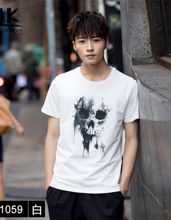 短袖男士夏季t恤男衣服圆领修身韩版半袖纯色拼接潮流打底体恤衫 mk