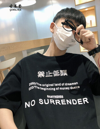 夏季新款禁止低头印花t恤男士宽松圆领短袖原宿风个性半袖男潮tee