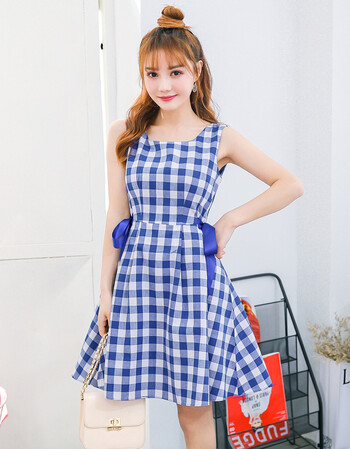 公主家2018夏装学院风青春系带格子裙无袖短裙韩版学生连衣裙 蓝色 m