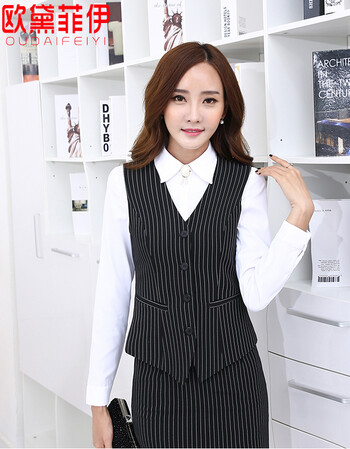 欧黛菲伊 2015秋冬新款条纹马甲背心 ol职业酒店茶楼服务工作服套裙正装 YJR820C 黑色马甲+西裙 XXXL