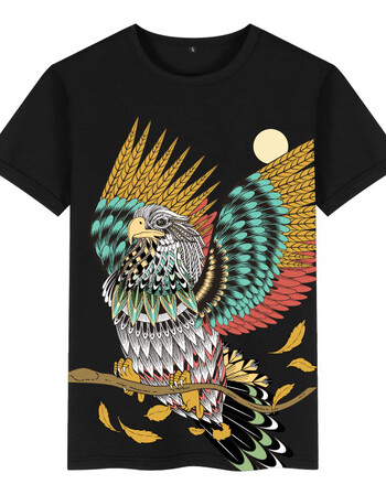 老鹰图案潮牌印花短袖t恤衫中国风社会小伙民族风复古潮男装衣服 黑色