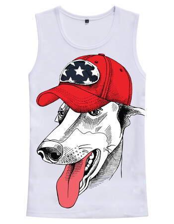 哈士奇大黄狗恶搞潮牌欧美风男装印花背心无袖t恤衫精神小伙衣服 白色