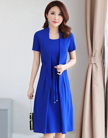 2018假两件过膝连衣裙女夏装短袖中年妈妈装大码修身中长款打底裙