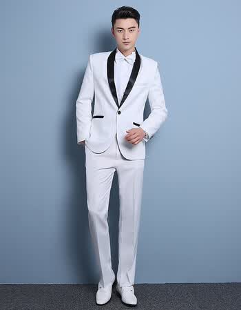 套装男士影楼拍照服装演出主持司仪礼服新郎伴郎结婚西服修身 白色