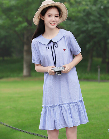 小清新裙子夏女2018新款韩版学院风少女装条纹宽松连衣裙 蓝白条纹 m