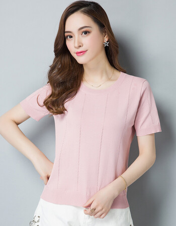 短袖t恤女2018新款夏季宽松纯色桑蚕丝上衣短款半袖冰丝针织衫薄 粉色