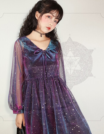 星空连衣裙梦幻网纱仙女裙sukol裙少女小清新字短裙 紫色 s
