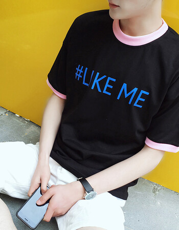 古莱登2016年夏季新品撞色滑肩短袖t恤 字母印花 简约小清新宅男短袖