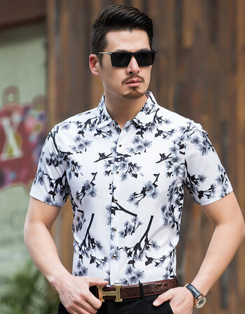 俞兆林 大码短袖衬衫男夏季男士花衬衫丝柔光滑透气弹力时尚休闲花