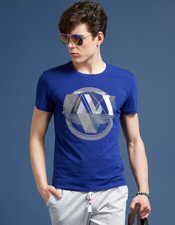 facho菲克时空交错印花弹力棉圆领男士短袖t恤 1302蓝色 xl