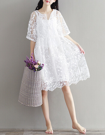夏季新款女装2017文艺宽松白色镂空蕾丝钩花波浪边中长款连衣裙潮