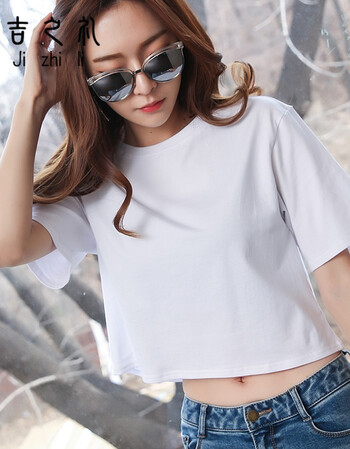 露脐红色短袖t恤女韩版宽松纯色百搭性感高腰漏肚脐上衣短款体恤 白色