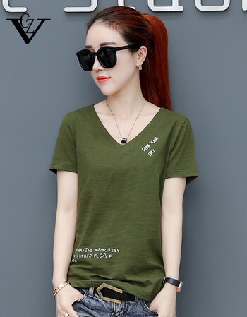 夏装新款短袖t恤女装纯棉时尚v领宽松显瘦体恤打底衫学生上衣 墨绿色