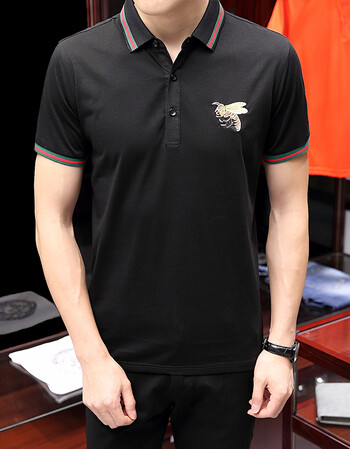 木宸(muchen)男装香港风潮牌古奇风格小蜜蜂翻领拼条纹纹短袖上衣半袖