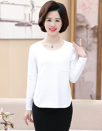 中老年秋款t恤女装圆领妈妈装棉汗衫女式秋长袖上衣纯色打底衫 白色