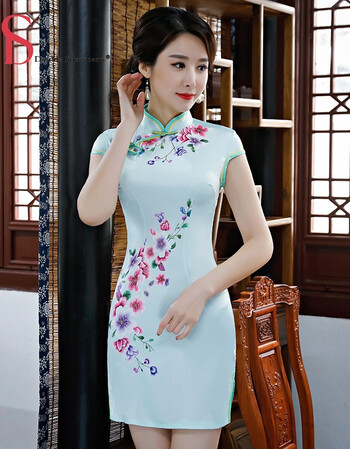 新款春夏时尚改良旗袍短款连衣裙修身显瘦短袖少女旗袍裙日常 褐色