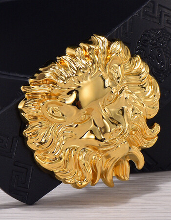 皮带男士真皮青年平滑扣裤腰带纯牛皮美人头发型师范思哲 美人头金扣