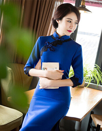 柯百蒂 中国风宝蓝色蕾丝边棉质改良旗袍裙五分袖性感开叉女装y112 宝