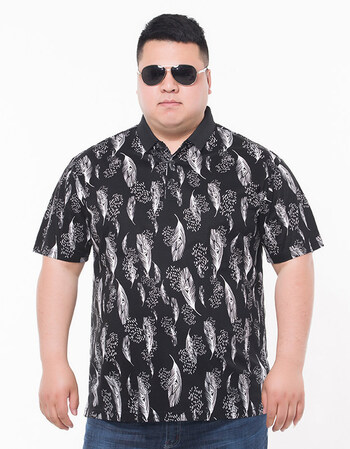 棉加大码男显瘦花型短袖t恤衫加肥加大肥佬宽松翻领潮胖半袖衫 黑色