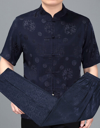 唐装夏季男士桑蚕丝短袖套装真丝中国风中老年爸爸爷爷太极居士服