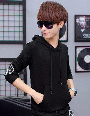 初中学生连帽套头男装13-15男孩子穿长袖t恤16岁青少年卫衣春 黑色 l