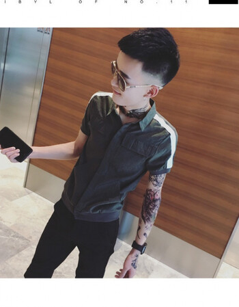 衬衫男短袖韩版个性潮流社会人精神小伙修身快手红人网红夜场衬衣 216