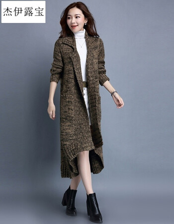 冬天翻领长款粗线大毛衣外套开衫女加厚宽松冬装棒针线衣大衣 黄绿色