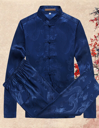 中式唐装春秋中国风外套 中山装套装男士青年中华立领西装韩版修 蓝色