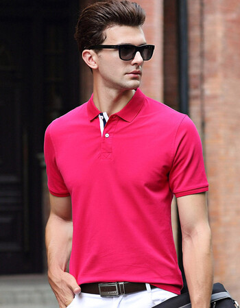 新款t恤青年短袖棉质简约翻领体恤夏季男装休闲透气polo衫男 玫红色