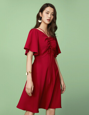v领红裙子复古显瘦红色连衣裙女夏2018新款高腰a字雪纺裙 酒红 m