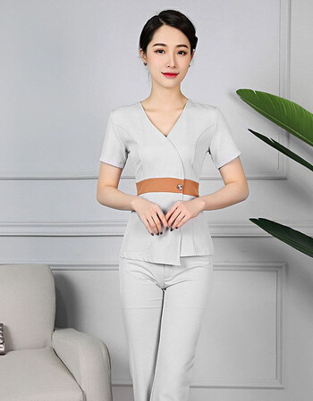 美容院工作服夏季spa按摩美容师服装女新款桑拿养生馆技师服套装 浅