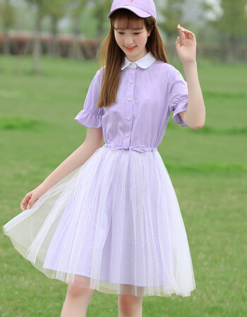 少女网纱连衣裙夏2018新款学院风衬衫初中学生公主裙小清新 紫色条纹