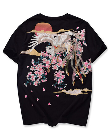 日式浮世绘拔染樱花刺绣凤凰短袖t恤 鲤鱼男女情侣装tee 宽松t恤 黑色