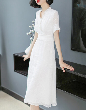 领白色雪纺连衣裙女春夏季2018新款收腰中长款气质温柔仙女裙子 白色
